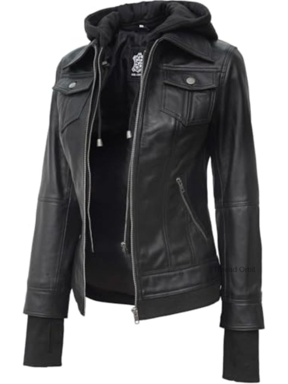 Real Lambskin Leather Jacket with Detachable Hood Thumbholes Bomber